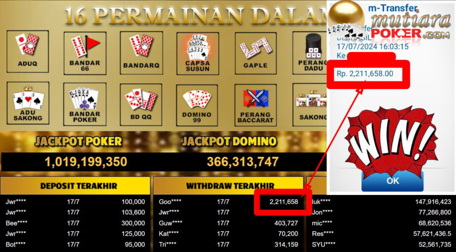 Bukti Withdraw ( 2,211,658,-) Member Setia Mutiarapoker