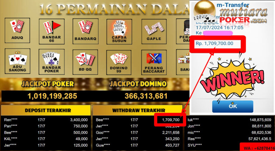 Bukti Withdraw ( 1,709,700,-) Member Setia Mutiarapoker