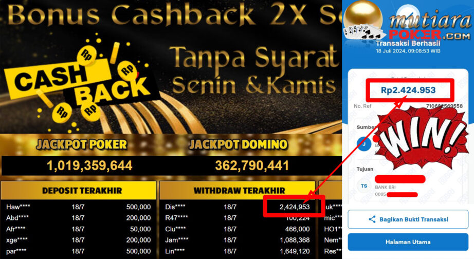 Bukti Withdraw ( 2,424,953,-) Member Setia Mutiarapoker