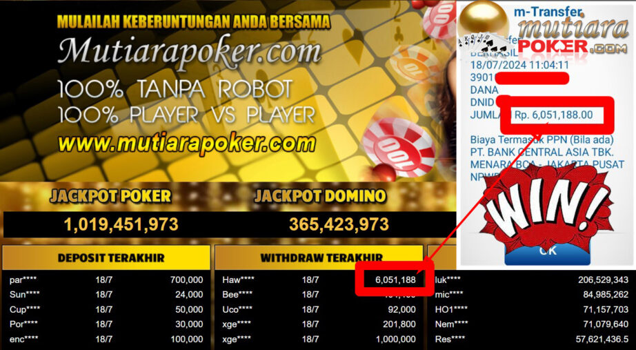 Bukti Withdraw ( 6,051,188,-) Member Setia Mutiarapoker