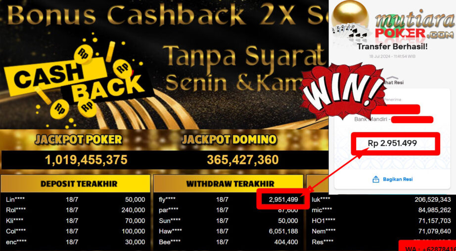 Bukti Withdraw ( 2,951,499,-) Member Setia Mutiarapoker