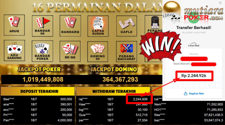 Bukti Withdraw ( 2,244,926,-) Member Setia Mutiarapoker