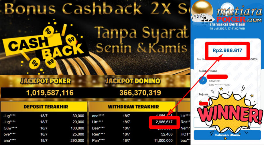 Bukti Withdraw ( 2,986,617,-) Member Setia Mutiarapoker