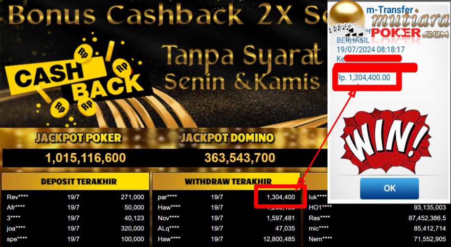 Bukti Withdraw ( 1,304,400,-) Member Setia Mutiarapoker