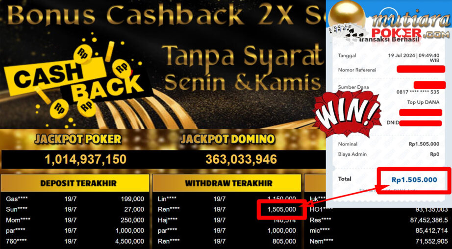 Bukti Withdraw ( 1,505,000,-) Member Setia Mutiarapoker