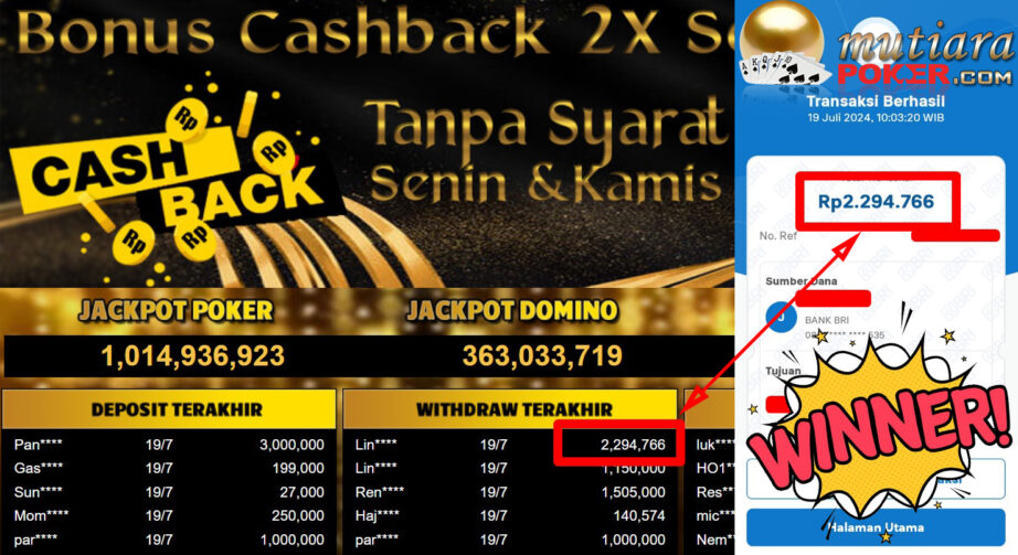 Bukti Withdraw ( 2,294,766,-) Member Setia Mutiarapoker