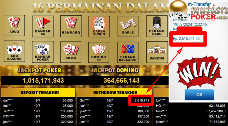 Bukti Withdraw ( 2,616,741,-) Member Setia Mutiarapoker