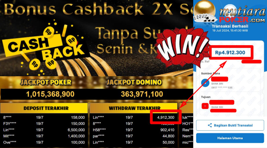 Bukti Withdraw ( 4,912,300,-) Member Setia Mutiarapoker