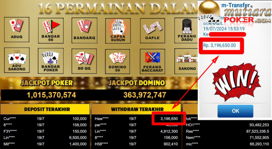 Bukti Withdraw ( 3,196,650,-) Member Setia Mutiarapoker