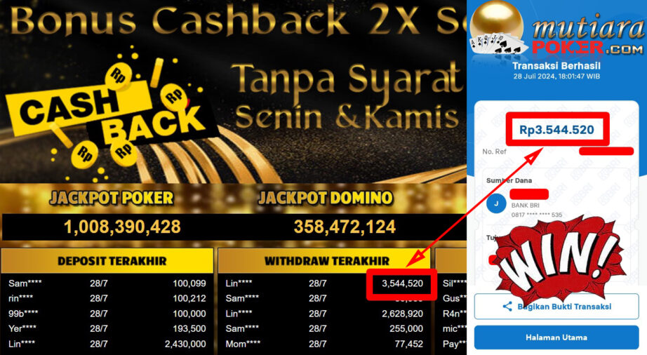 Bukti Withdraw ( 3,544,520,-) Member Setia Mutiarapoker