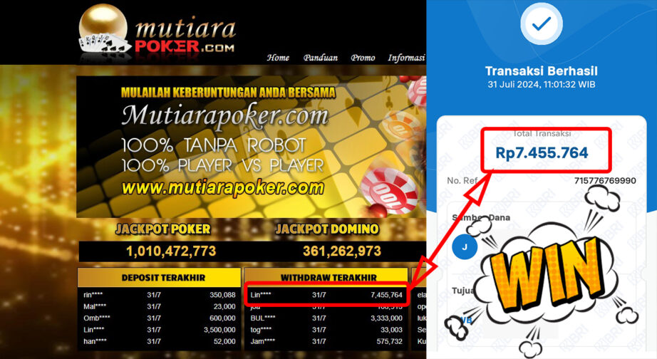 Bukti Withdraw ( 7,455,764,-) Member Setia Mutiarapoker