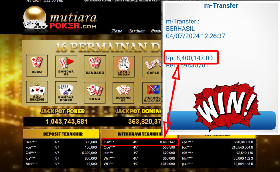 Bukti Withdraw ( 8.400.147,-) Member Setia Mutiarapoker