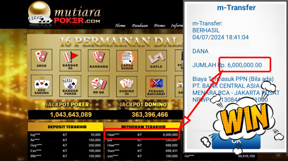 Bukti Withdraw ( 6.000.000,-) Member Setia Mutiarapoker