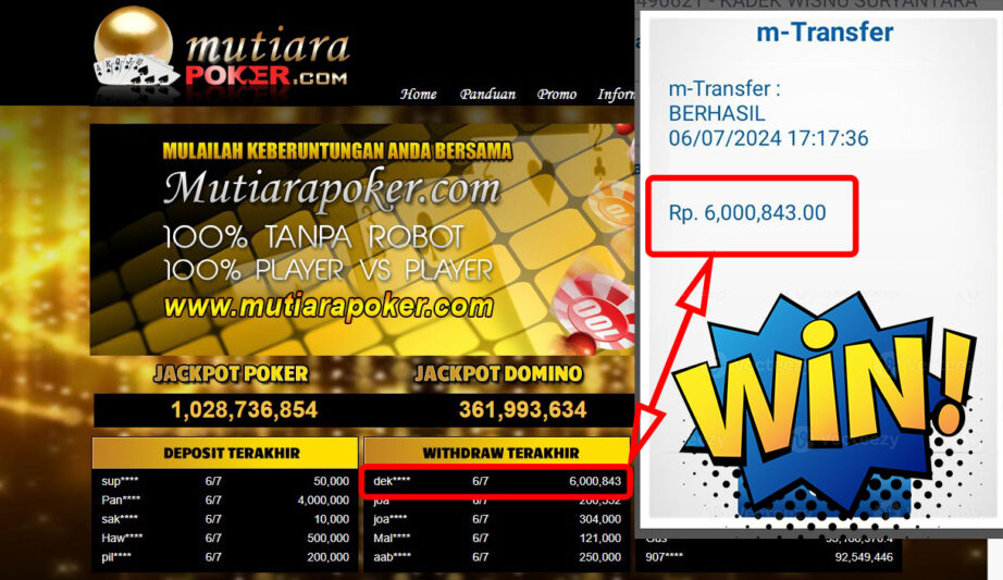 Bukti Withdraw ( 6.000.843,-) Member Setia Mutiarapoker