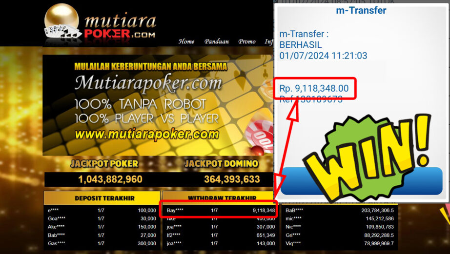 Bukti Withdraw ( 9.118.348,-) Member Setia Mutiarapoker