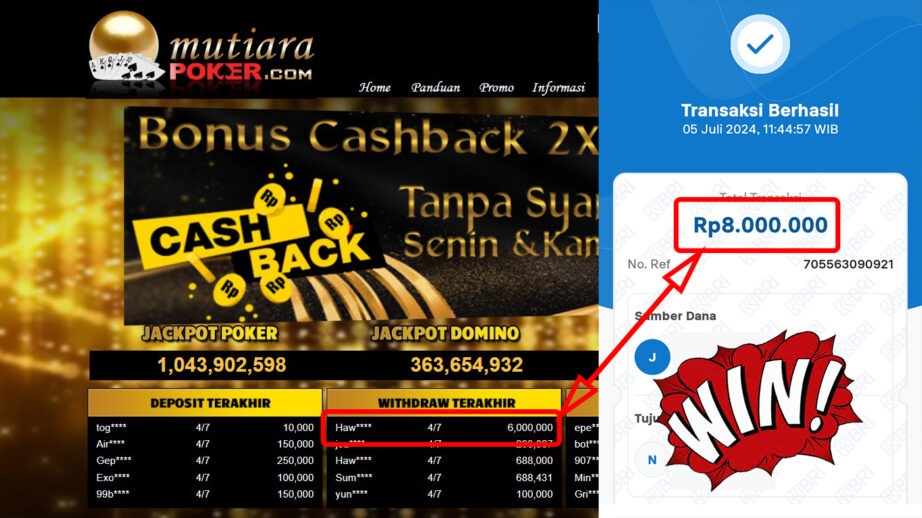 Bukti Withdraw ( 8.000.000,-) Member Setia Mutiarapoker