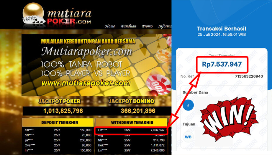 Bukti Withdraw ( 7.537.947,-) Member Setia Mutiarapoker