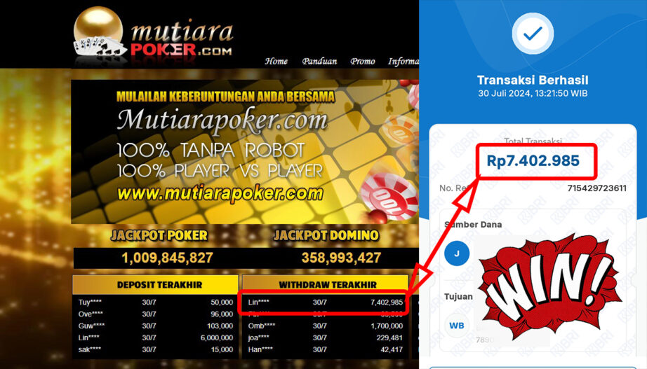 Bukti Withdraw ( 7.402.985,-) Member Setia Mutiarapoker