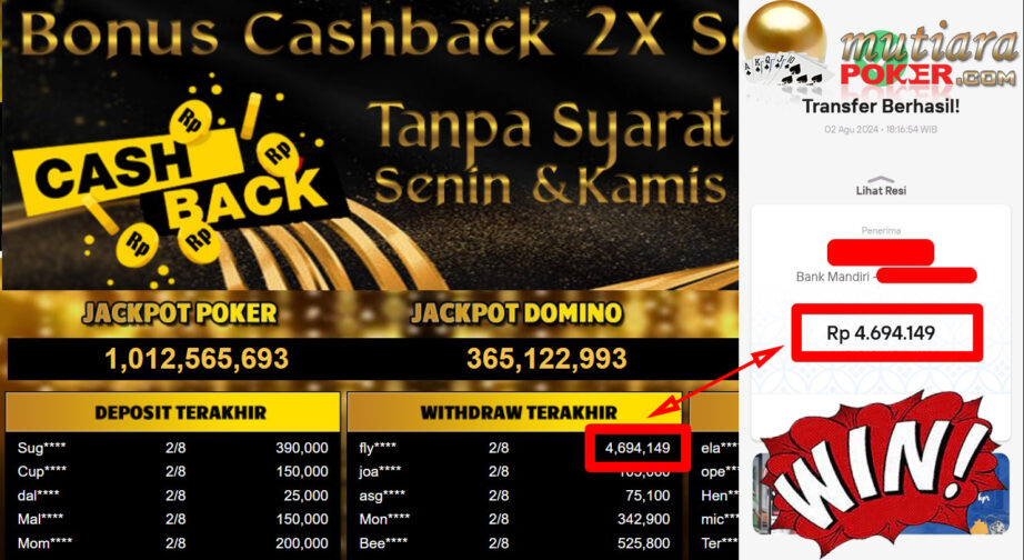 Bukti Withdraw ( 4,694,149,-) Member Setia Mutiarapoker