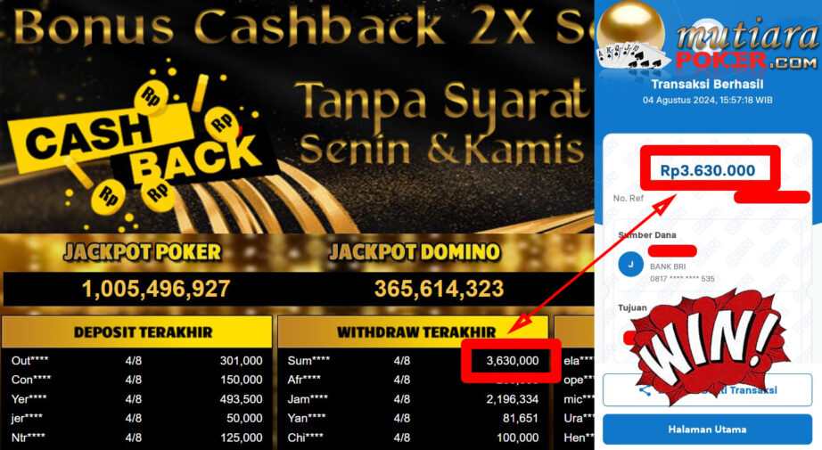 Bukti Withdraw ( 3,630,000,-) Member Setia Mutiarapoker