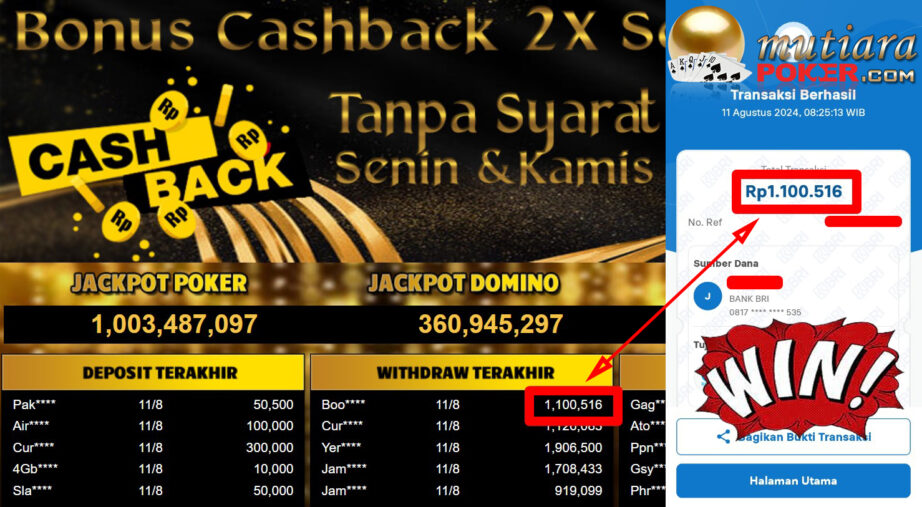 Bukti Withdraw ( 1,100,516,-) Member Setia Mutiarapoker