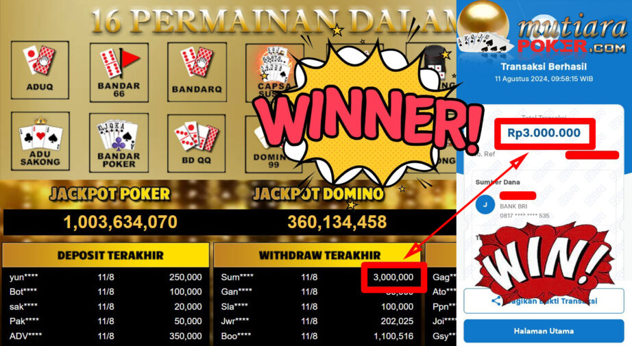 Bukti Withdraw ( 3,000,000,-) Member Setia Mutiarapoker