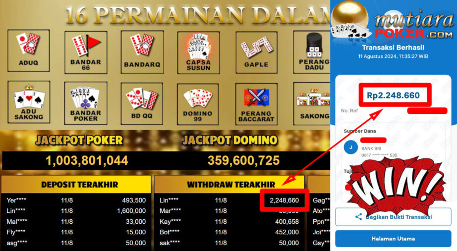 Bukti Withdraw ( 2,248,660,-) Member Setia Mutiarapoker