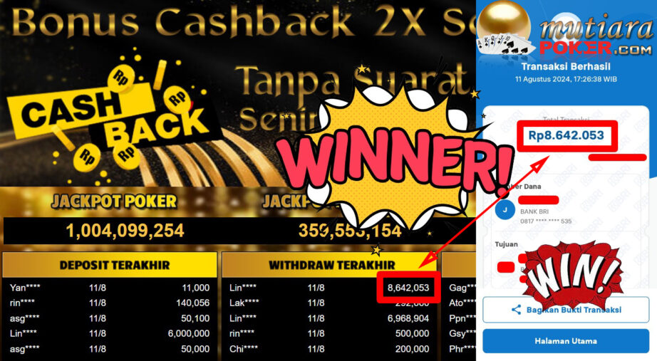 Bukti Withdraw ( 8,642,053.-) Member Setia Mutiarapoker