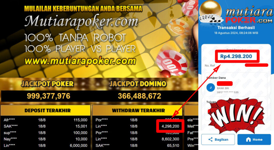 Bukti Withdraw ( 4,298,200.-) Member Setia Mutiarapoker