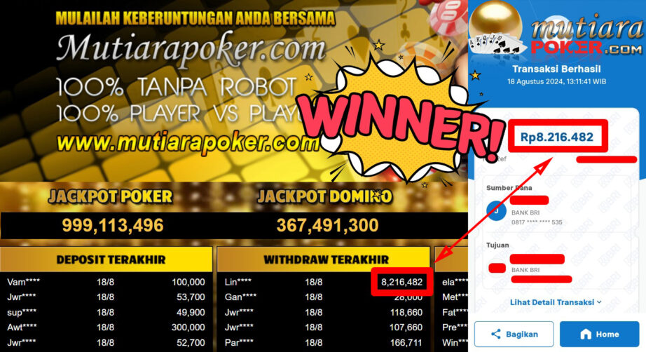 Bukti Withdraw ( 8,216,482.-) Member Setia Mutiarapoker