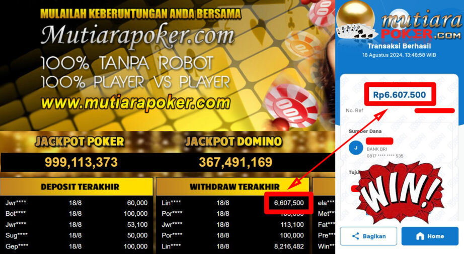 Bukti Withdraw ( 6,607,500.-) Member Setia Mutiarapoker