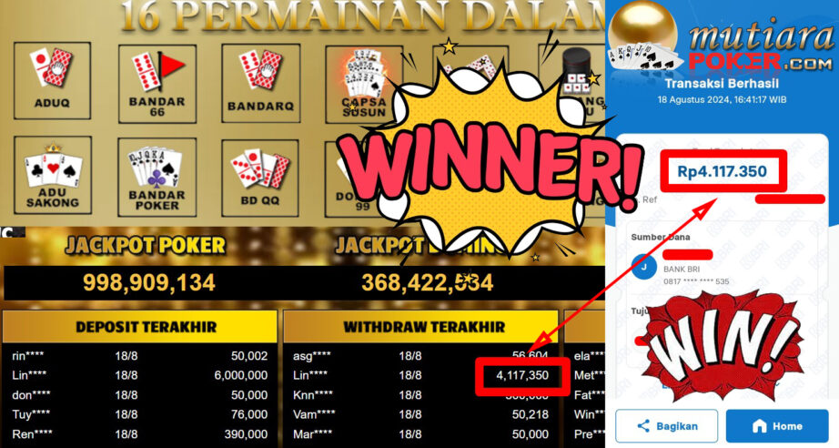 Bukti Withdraw ( 4,117,350.-) Member Setia Mutiarapoker