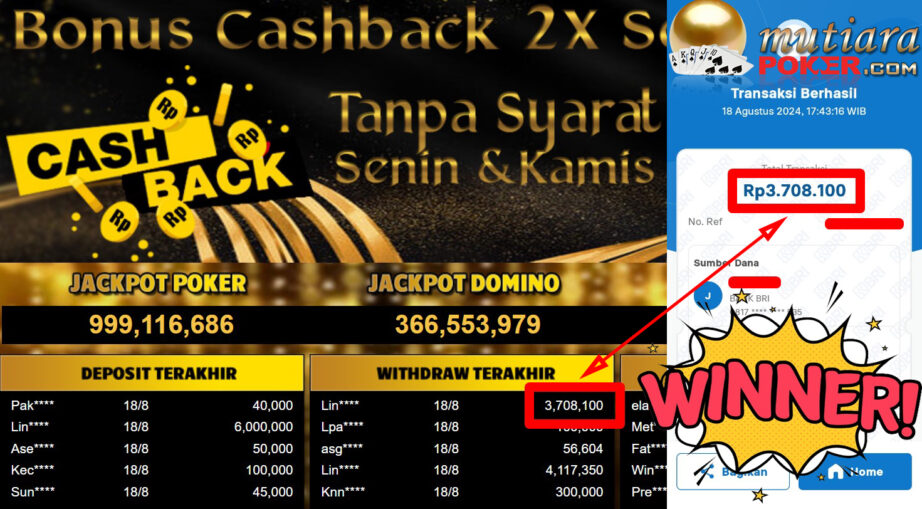 Bukti Withdraw ( 3,708,100.-) Member Setia Mutiarapoker