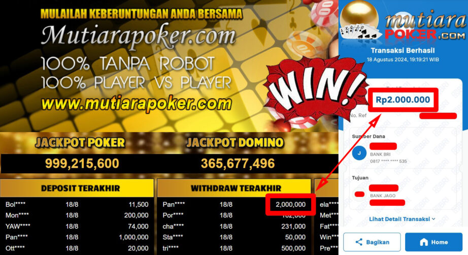 Bukti Withdraw ( 2,000,000.-) Member Setia Mutiarapoker