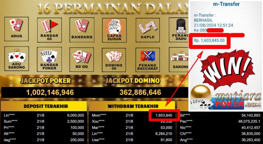 Bukti Withdraw ( 1,603,845.-) Member Setia Mutiarapoker