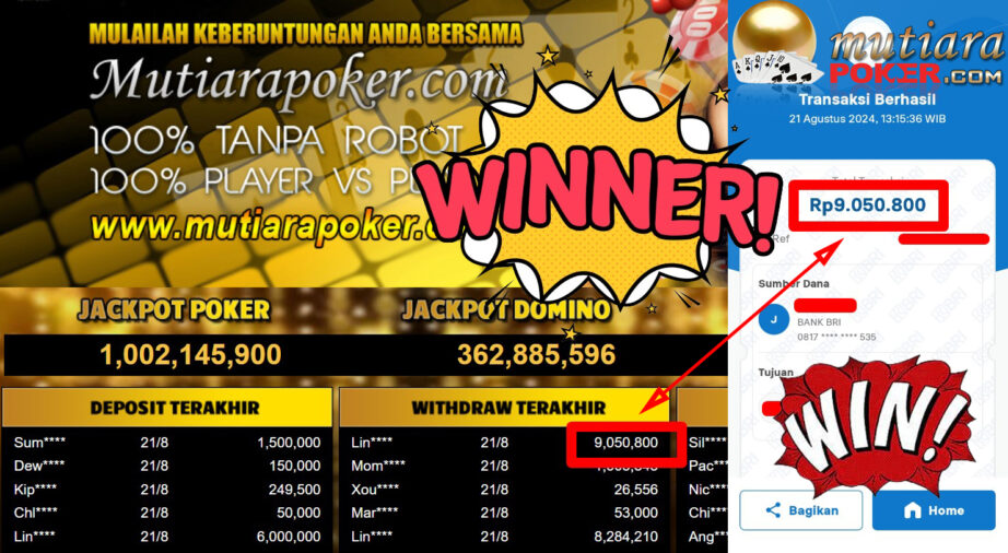 Bukti Withdraw ( 9,050,800.-) Member Setia Mutiarapoker