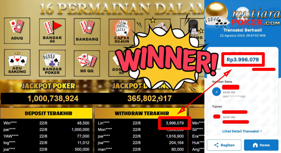 Bukti Withdraw ( 3,996,079.-) Member Setia Mutiarapoker