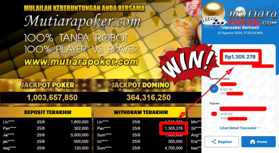 Bukti Withdraw ( 1.305.278,-) Member Setia Mutiarapoker