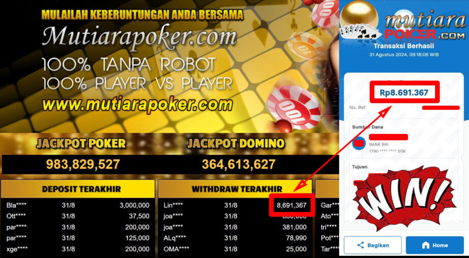 Bukti Withdraw ( 8.691.367,-) Member Setia Mutiarapoker