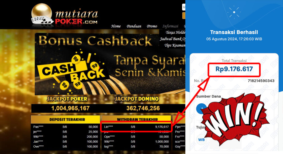 Bukti Withdraw ( 9.176.617,-) Member Setia Mutiarapoker