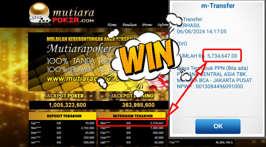 Bukti Withdraw ( 5,734,647,-) Member Setia Mutiarapoker