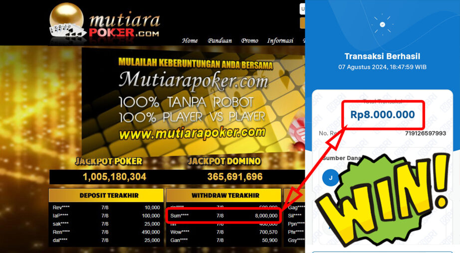 Bukti Withdraw ( 8.000.000,-) Member Setia Mutiarapoker