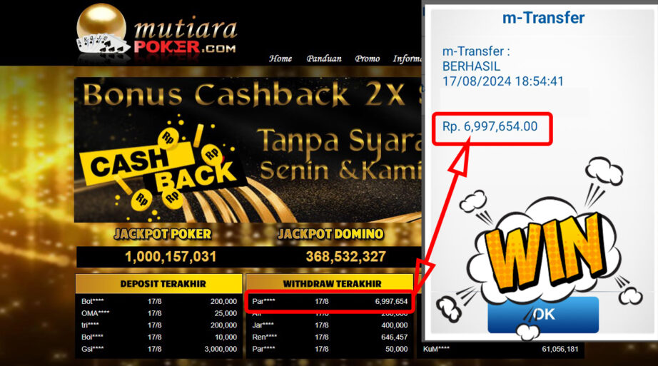 Bukti Withdraw ( 6,997,654,-) Member Setia Mutiarapoker