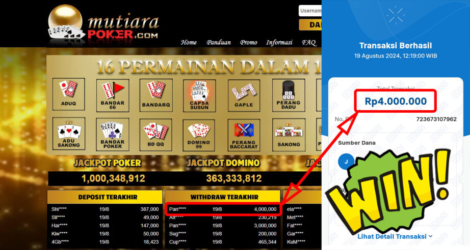 Bukti Withdraw ( 4.000.000,-) Member Setia Mutiarapoker