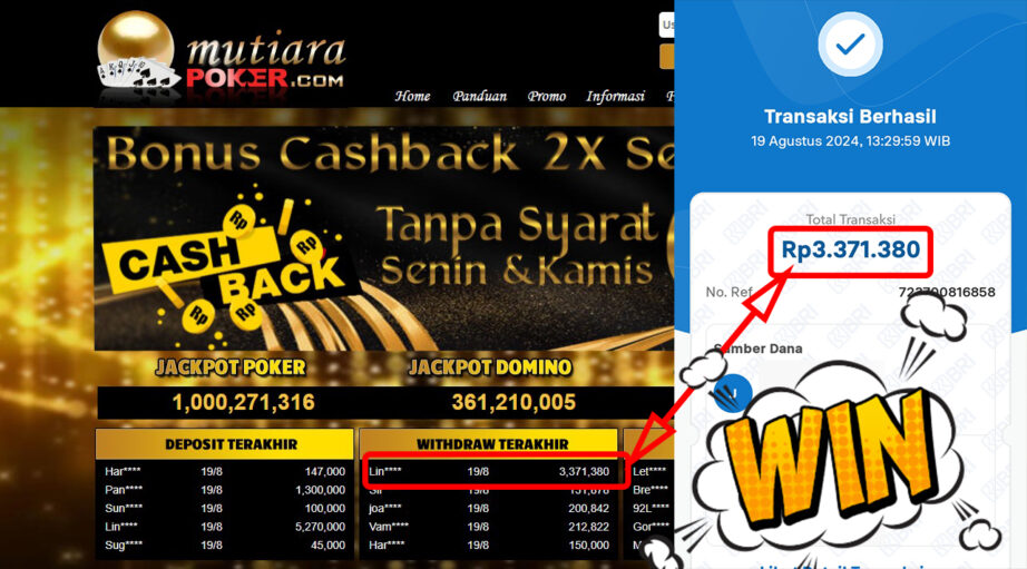 Bukti Withdraw ( 3,371,380,-) Member Setia Mutiarapoker