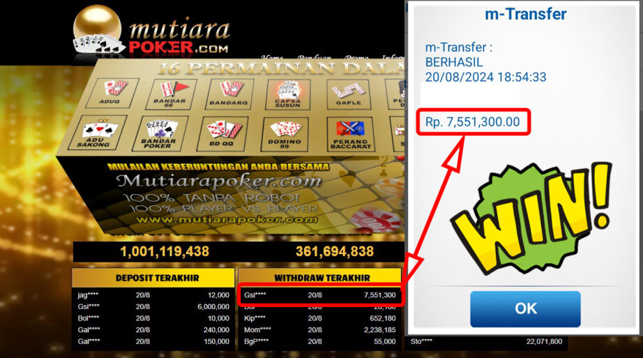 Bukti Withdraw (7,551,300,-) Member Setia Mutiarapoker