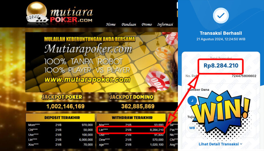 Bukti Withdraw (8,284,210,-) Member Setia Mutiarapoker