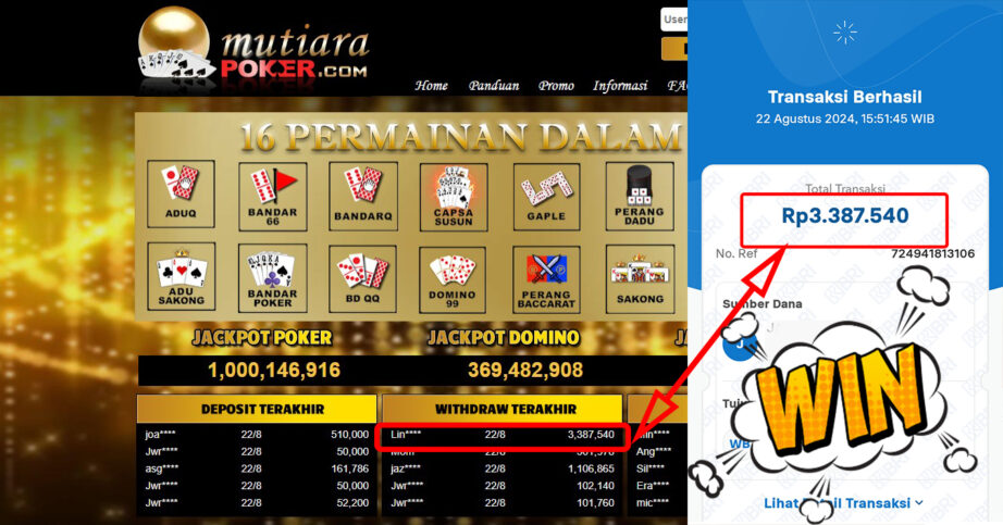 Bukti Withdraw (3,387,540.00) Member Setia Mutiarapoker