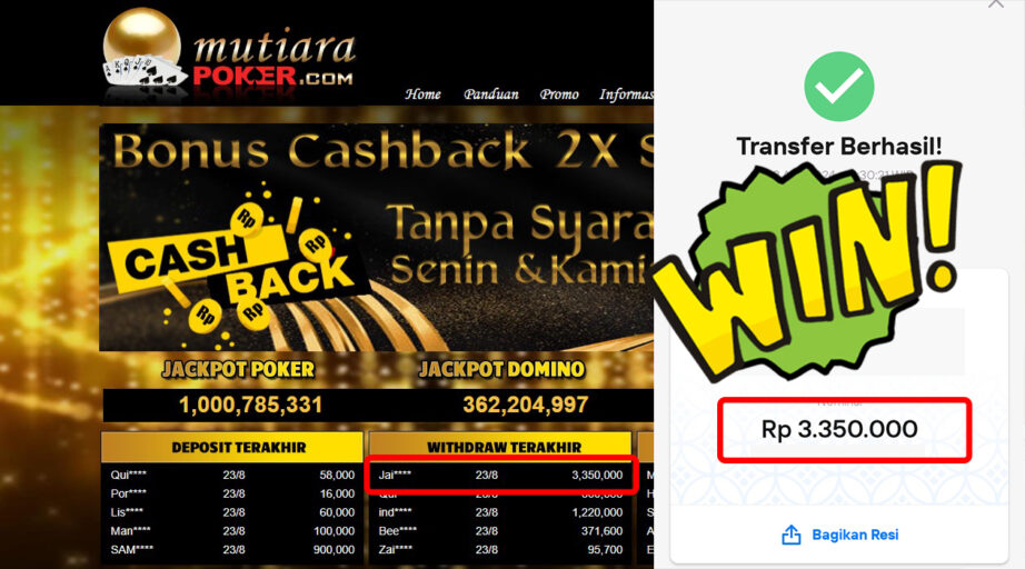 Bukti Withdraw (3,350,000,-) Member Setia Mutiarapoker