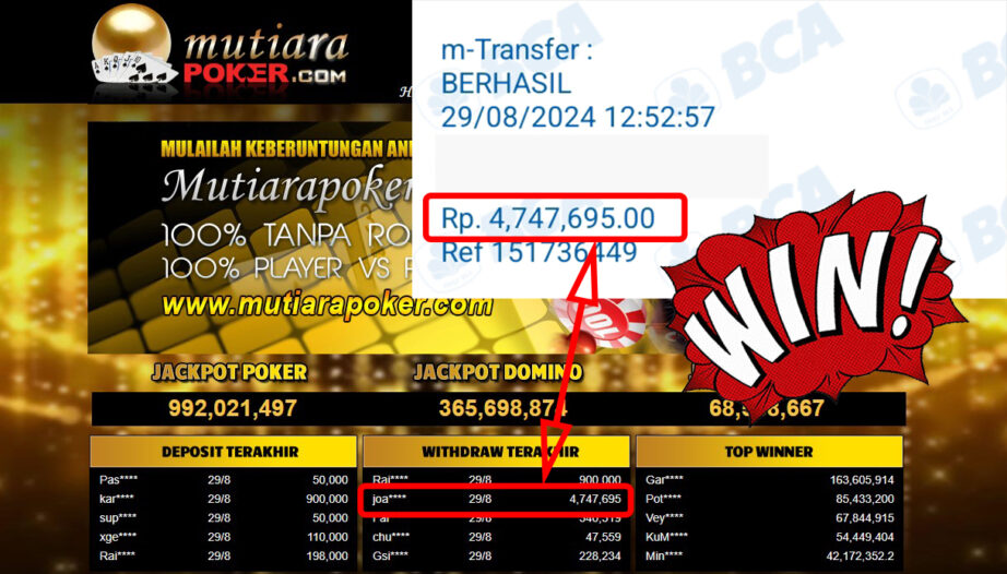 Bukti Withdraw ( 4,747,695,-) Member Setia Mutiarapoker